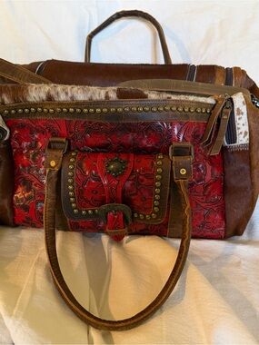 Red Tooled Leather Satchel with Brown Trim